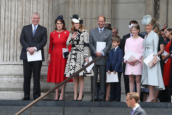 LONDON, ENGLAND - JUNE 10:  Prince Andrew, Duke of York, Princess Beatrice, Princess Eugenie, Prince Edward, Earl of Wessex and Sophie, Countess of Wessex leave The National Service of Thanksgiving at St Pauls Cathedral on June 10, 2016 in London, England.  (Photo by Neil Mockford/Alex Huckle/GC Images)